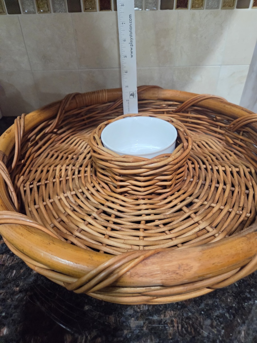 Crate&Barrel Woven Rattan Chip and Dip Tray with White Ceramic Bowl